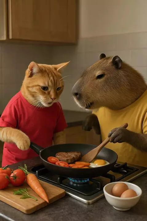 AI Video from prompt: Cocinam ,risas suaves,cinematografico,camara se 