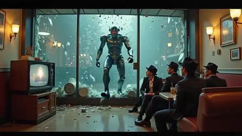 AI Video from prompt: A VR robot breaks thru the bay window of a diner