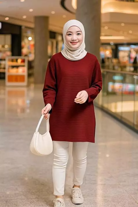 AI Video from prompt: Model muslimah dengan elegan merapikan hijab di 