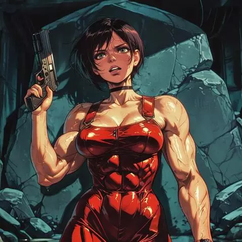 AI Video from prompt: Ada Wong muscular, holds a gun, walking, huge mu