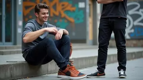AI Video from prompt: A young guy proudly flexes his sneakers in a cas