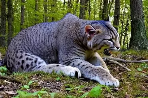 AI Video from prompt: giant cat in forest, roaring motion, giant paws,