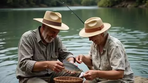 AI Video from prompt: Old couple catching fishes in the river