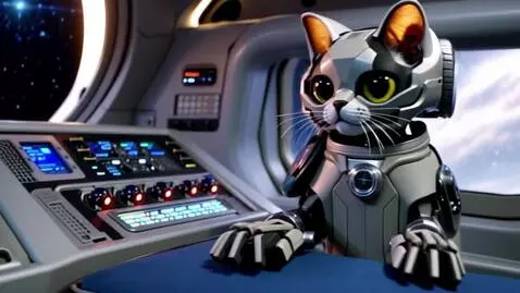 AI Video from prompt: A close-up portrait of a cyborg cat in a spacesu