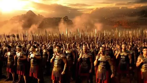 AI Video from prompt: Epic cinematic battle shot — a phalanx of 300 Sp