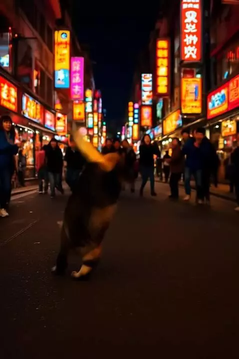 AI Video from prompt: A cinematic nighttime street scene in an Asian c
