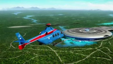 AI Video from prompt: a Soviet blue and red Mi-8 helicopter flies over
