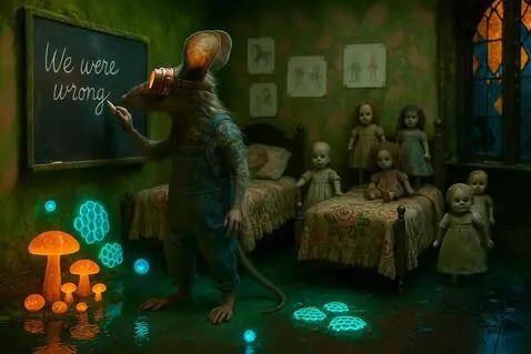 AI Video from prompt: Dolls stand and walk slowly toward rat.