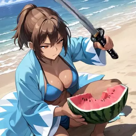 AI Video from prompt: She slices the watermelon into 4 pieces using ja
