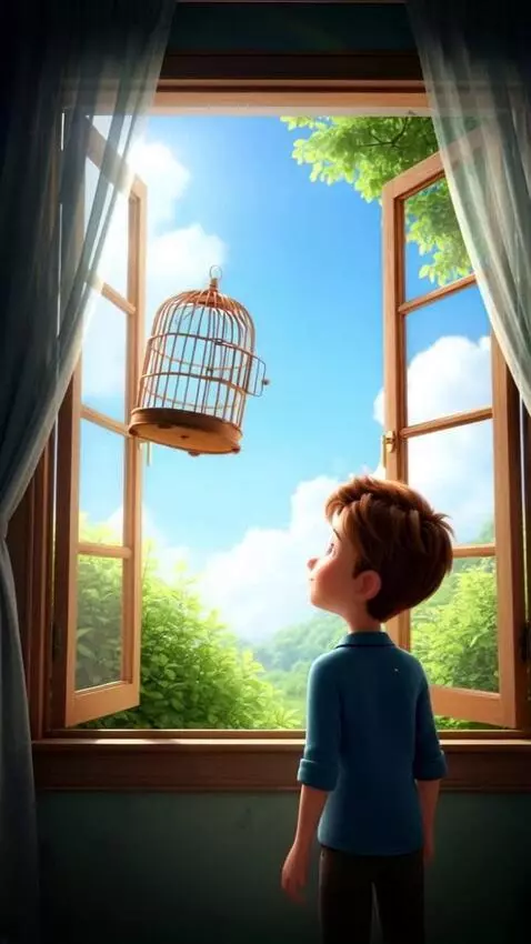 AI Video from prompt: Visual: The boy looks out through an open window