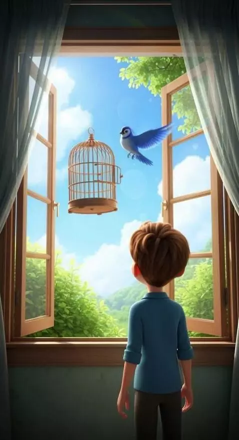 AI Video from prompt: Visual: The boy looks out through an open window