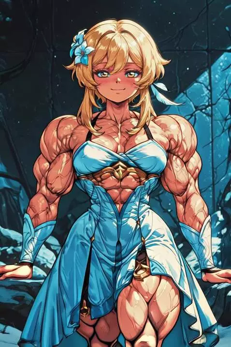 AI Video from prompt: Lumine Genshin Impact, muscular bodybuilder, wal