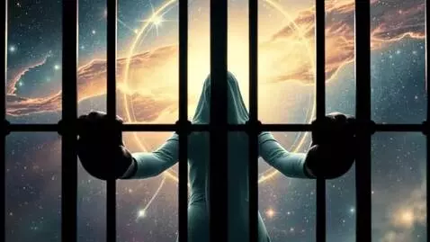 AI Video from prompt: the entity is trying to trigger the bars of his 