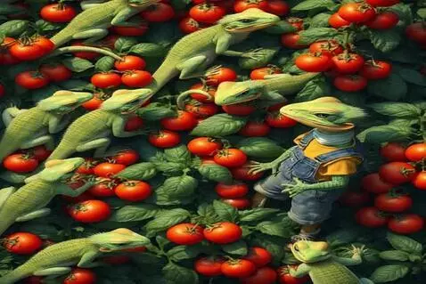 AI Video from prompt: Lizards eating tomatoes in a field and moving he