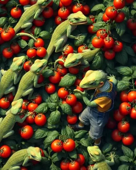 AI Video from prompt: Lizards eating tomatoes in a field and moving he