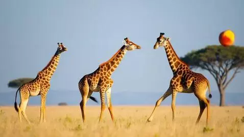 AI Video from prompt: Trei girafe înalte joacă volei cu o minge mare, 
