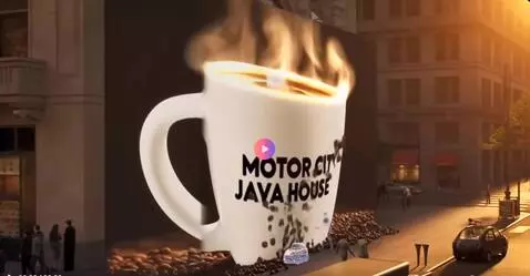 AI Video from prompt: A hyperrealistic white coffee cup with the bold 