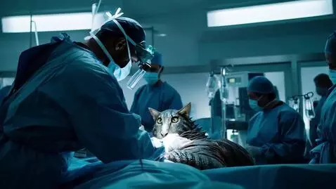 AI Video from prompt: A humanoid dark-striped cat in full surgeon scru