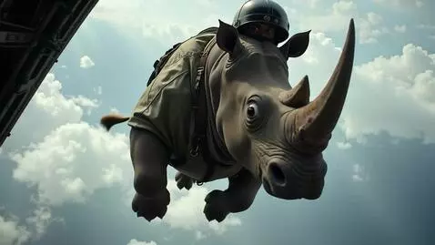 AI Video from prompt: An enormous rhinoceros in a full paratrooper jum