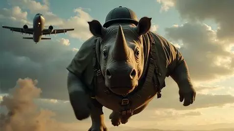 AI Video from prompt: An enormous rhinoceros in a full paratrooper jum
