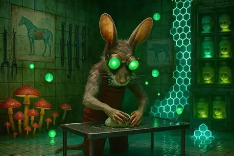 AI Video from prompt: Rat molds clay into a little horse. Green glowin