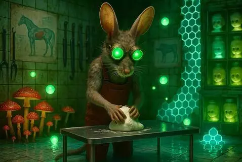 AI Video from prompt: Rat molds clay into a little horse. Green glowin