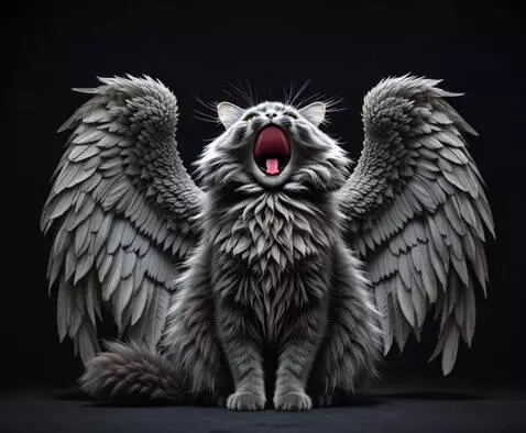 AI Video from prompt: The cat yawned, flapped its wings and flew out o