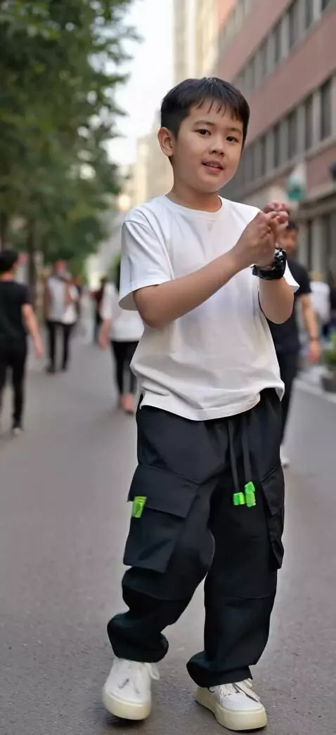 AI Video from prompt: Anak laki-laki bergaya streetwear berdiri dengan