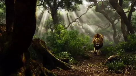 AI Video from prompt: A very thick and dark forest suddenly a lion jus
