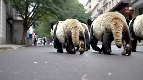 AI Video from prompt: Panda walking on street in group