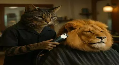 AI Video from prompt: A grey tabby cat, dressed as a barber, is finish