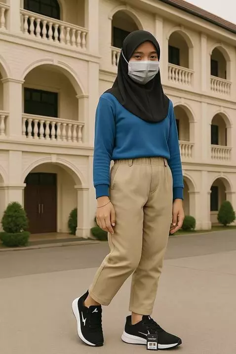 AI Video from prompt: seorang model berdiri kemudian berjalan ke depan