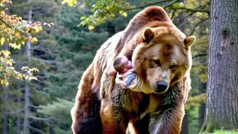 AI Video from prompt: A big giant brown bear gently carrying a human b