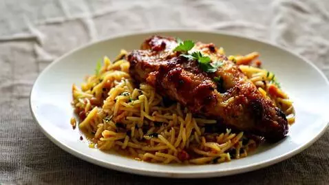 AI Video from prompt: Jollof rice and chicken served in a plate