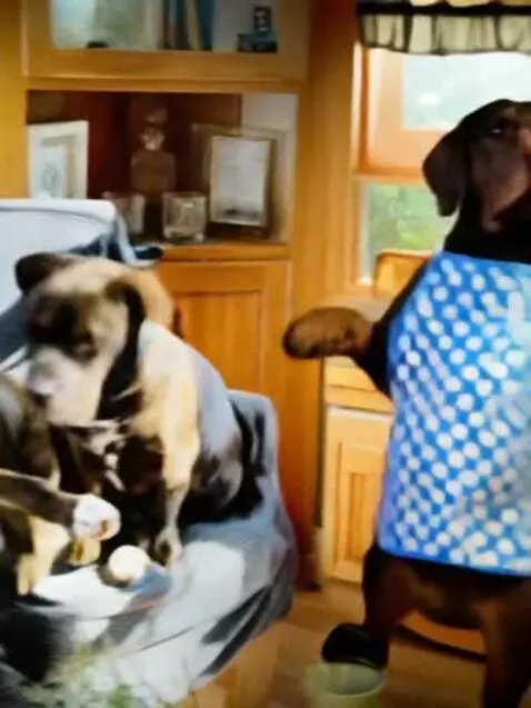 AI Video from prompt: create a video of my 2 dogs cooking their own lu