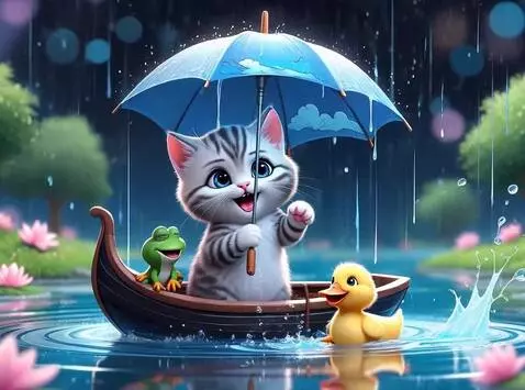AI Video from prompt: The duckling and the frog jump from the boat int