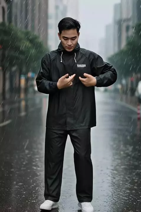 AI Video from prompt: pria ini dan mempromosikan jas hujannya yang bua