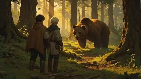 AI Video from prompt: Сцена в таинственном лесу на закате. Солнечные л