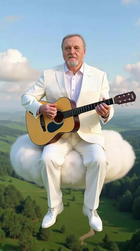 AI Video from prompt: Мужчина сидит на облаке и молча играет на гитаре