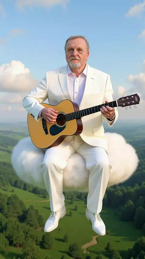 AI Video from prompt: Мужчина сидит на облаке и молча играет на гитаре