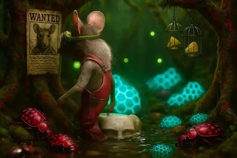 AI Video from prompt: The rat stands slowly take the poster off the tr