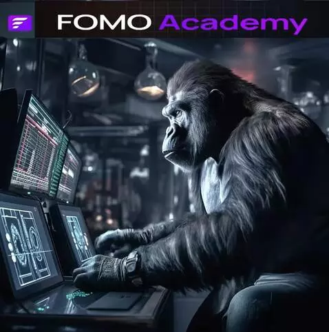 AI Video from prompt: Fomo ape analysing the chart of fomo and jumps u