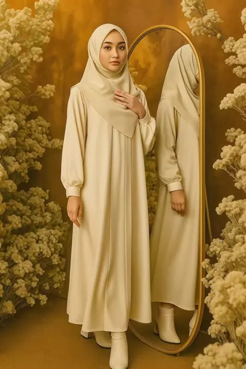 AI Video from prompt: Seorang model berhijab mengenakan gaun panjang k