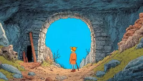 AI Video from prompt: Boy stands under the stone archway, gazing out i