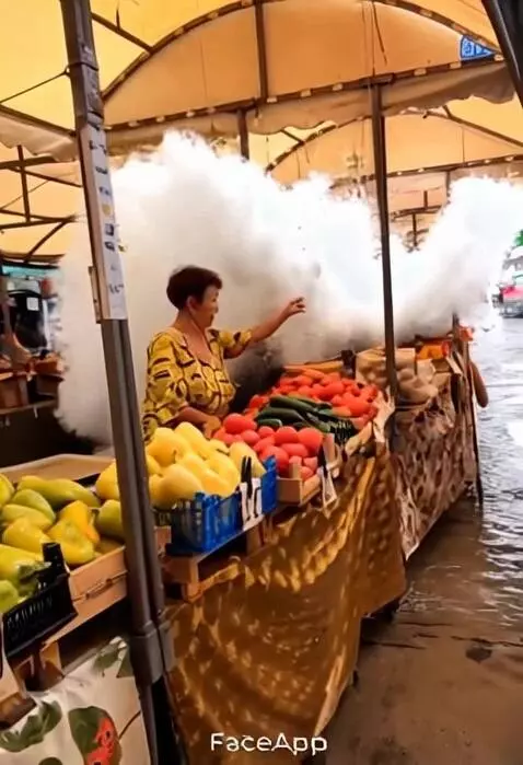 AI Video from prompt: Волны заполняют весь рынок разрушения брызги люд