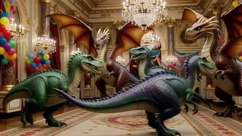 AI Video from prompt: Happy and excited dinosaurs and dragons have a f