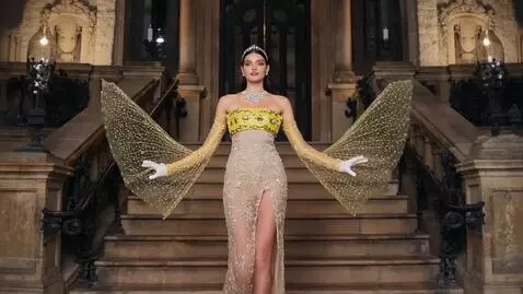 AI Video from prompt: Un  model coboară treptele unui castel, îmbrăcat