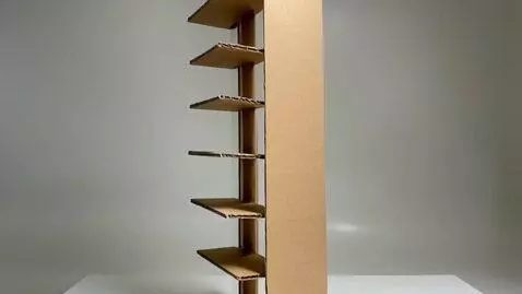 AI Video from prompt: A blank, vertical cardboard stand with shelves i