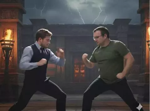 AI Video from prompt: Боец в зеленом наносит серию ударов руками в сти