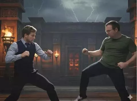 AI Video from prompt: Боец в зеленом наносит реалистичную серию ударов